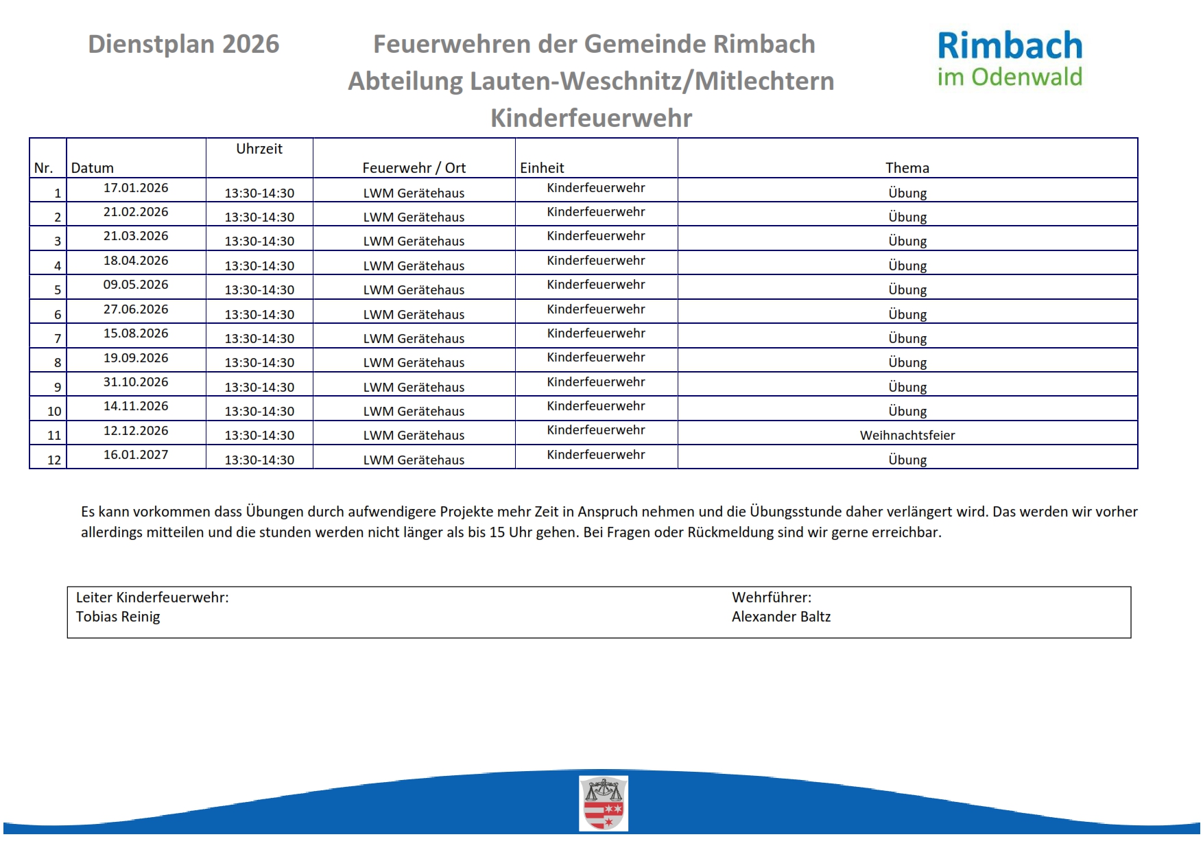 Dienstplan Kinderfeuerwehr